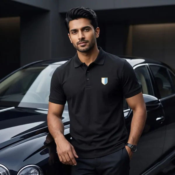 man-wearing-black-polo-t-shirt-standing-near-luxury-car-premium-fashion-look