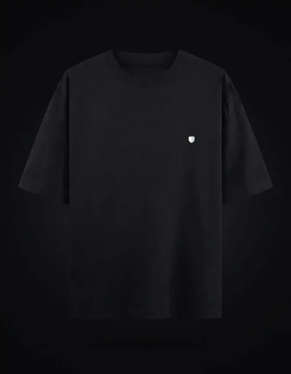 premium black oversized t-shirt for men with embroidered shield logo front view