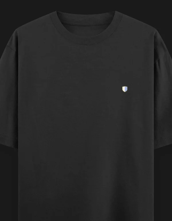 premium black oversized t-shirt for men with embroidered shield logo front view