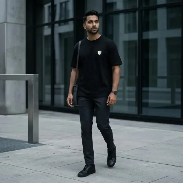 man wearing black oversized t-shirt with minimal logo modern streetwear style