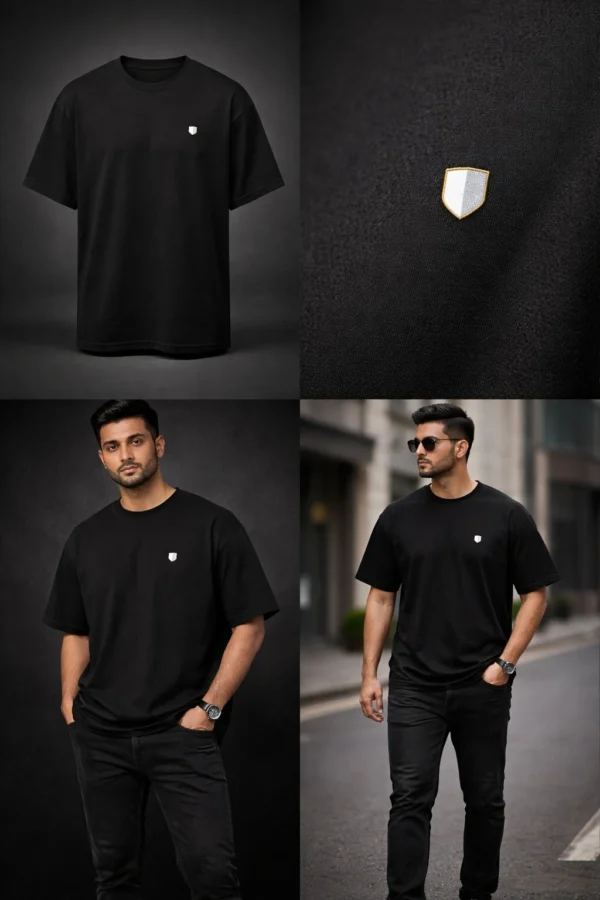 man wearing black oversized t-shirt with minimal logo modern streetwear style